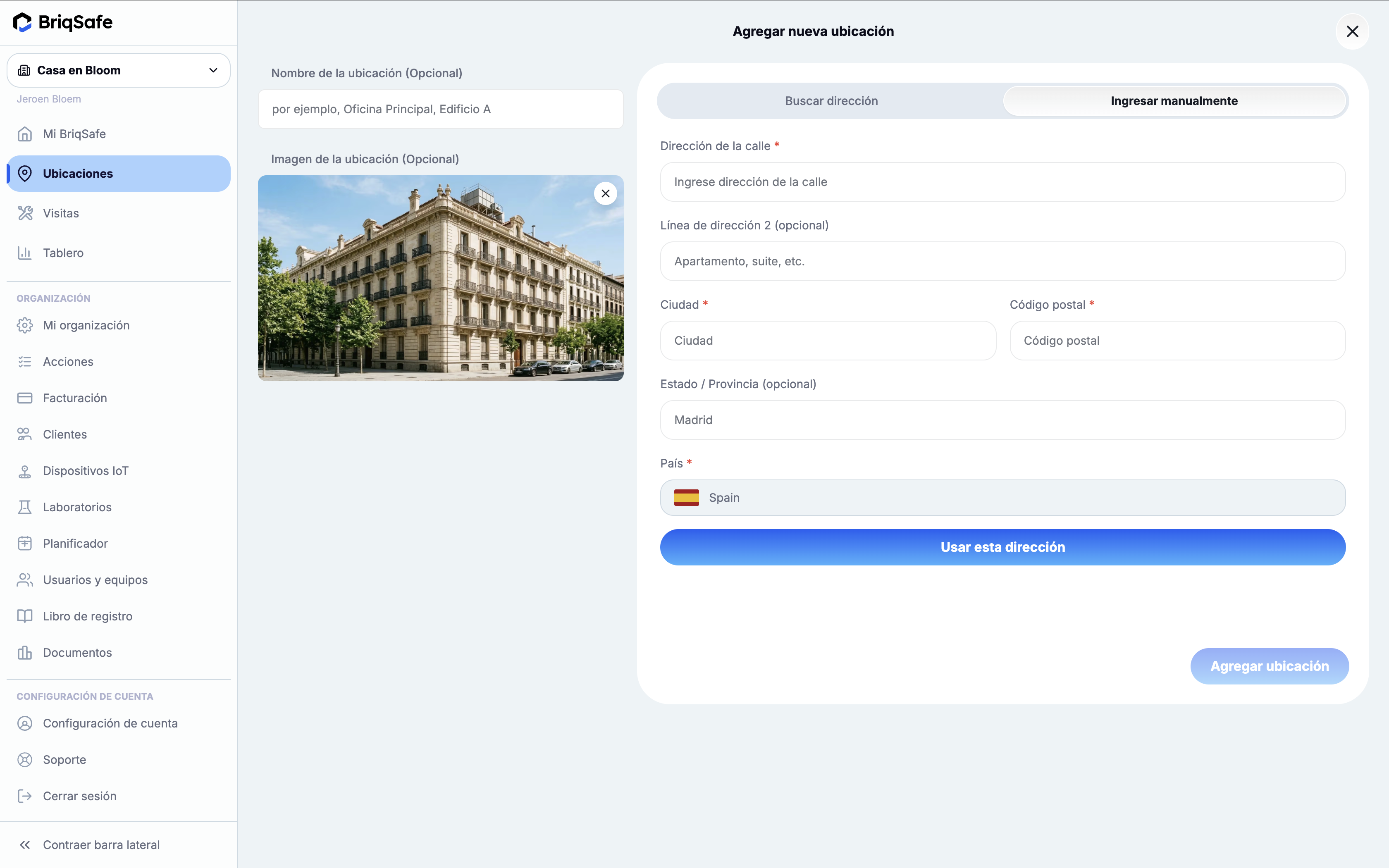 Add New Location screen in BriqSafe allows users to manually enter and save a new address for a location, including optional name and image, with key action buttons for using the entered address and adding the location.