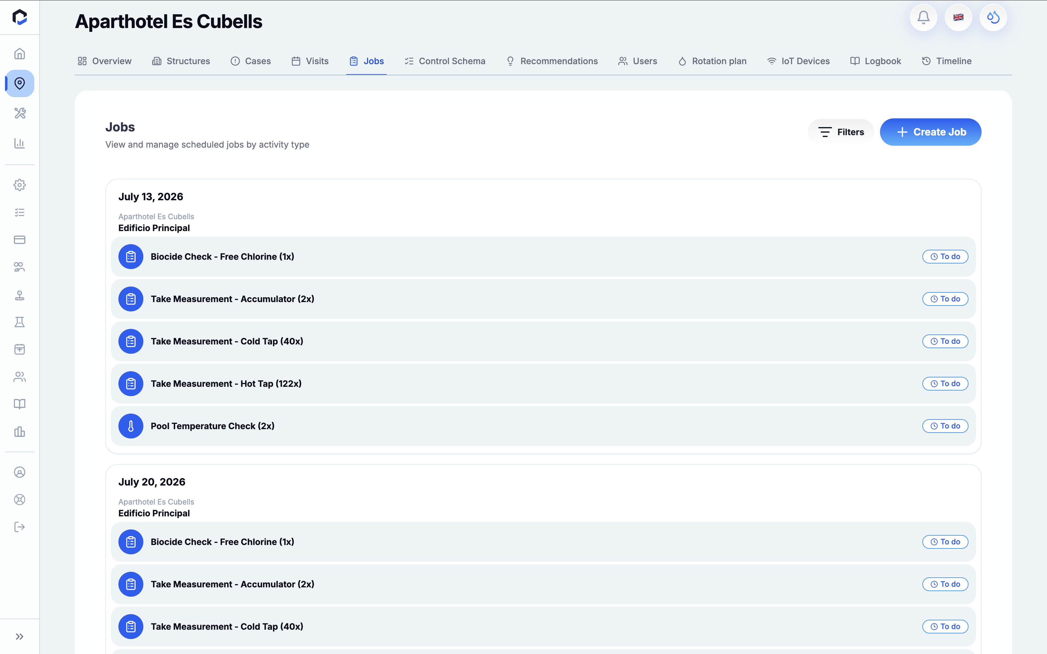 Jobs screen for Aparthotel Es Cubells displaying scheduled maintenance activities by date and location, with an option to create a new job.