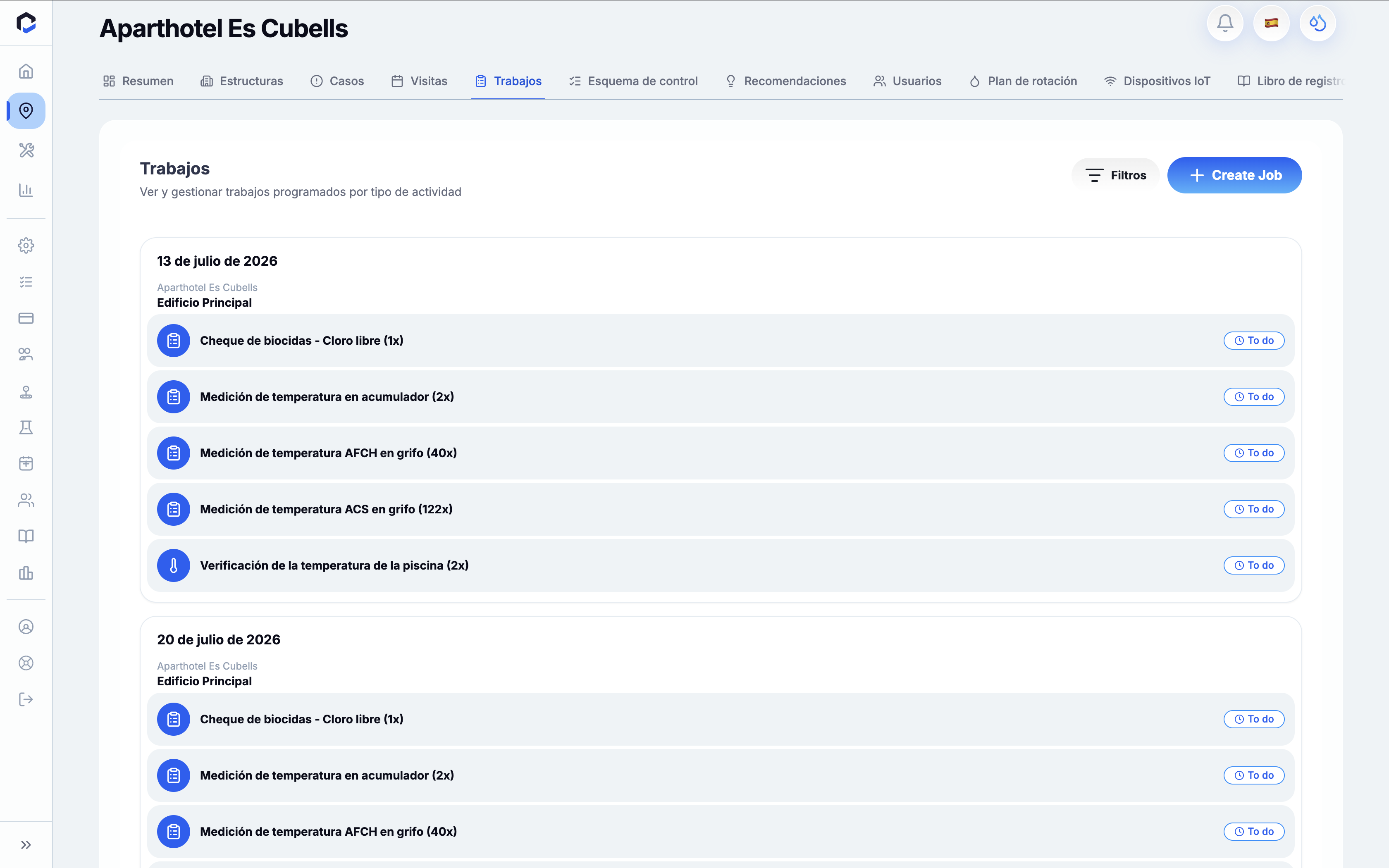 Jobs screen for Aparthotel Es Cubells displaying scheduled maintenance activities by date and location, with an option to create a new job.