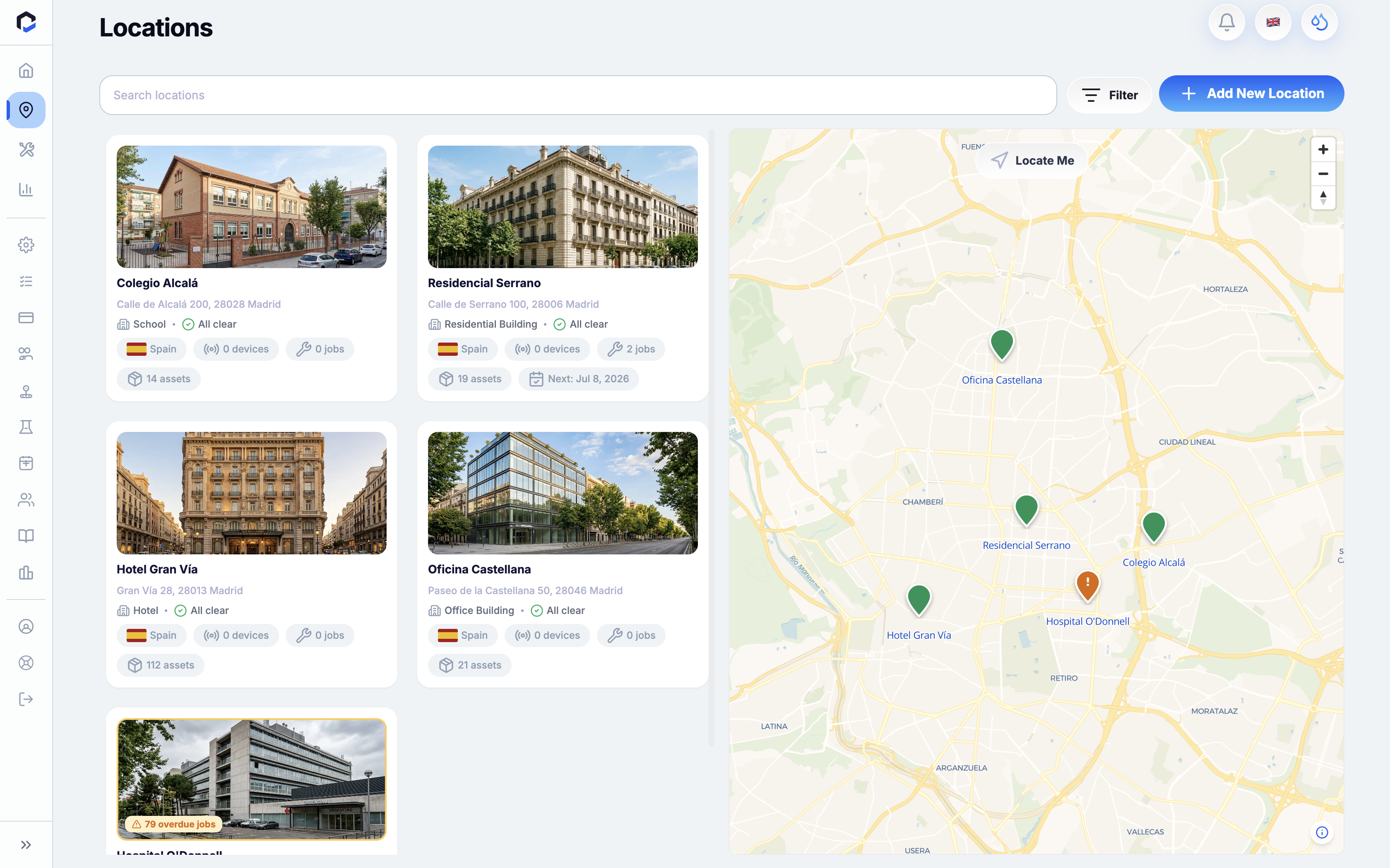 Locations screen displaying a list of properties with details and their corresponding map positions, featuring a key action to add a new location.