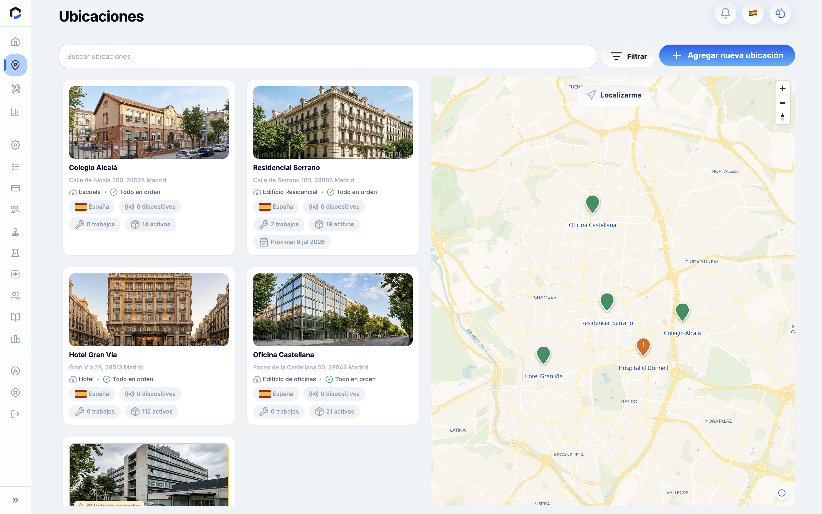 Locations screen displaying a list of properties with details and their corresponding map positions, featuring a key action to add a new location.