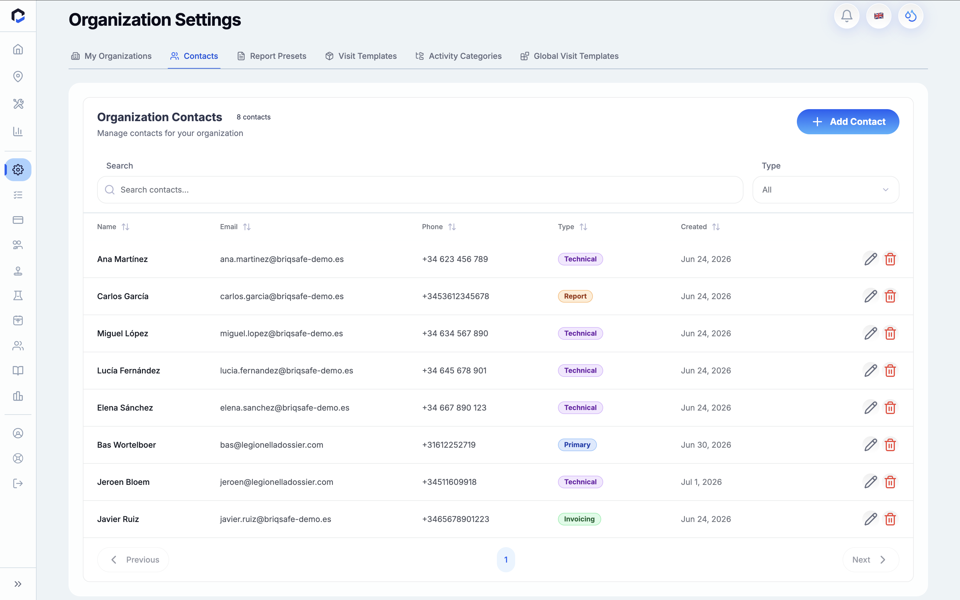 Organization Settings - Contacts section for managing and viewing organization contacts, with options to search, filter by type, and add new contacts.