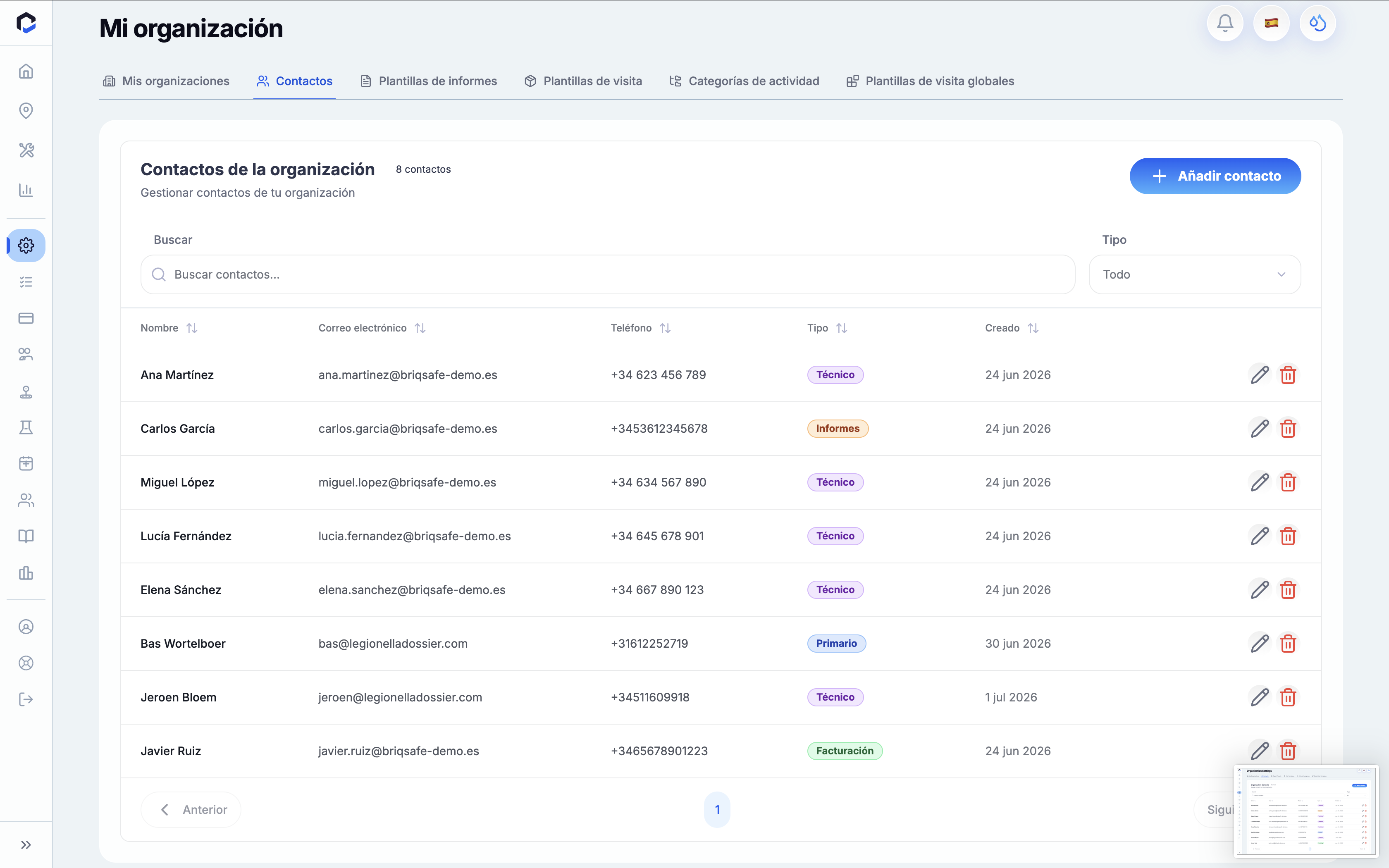 Organization Settings - Contacts section for managing and viewing organization contacts, with options to search, filter by type, and add new contacts.