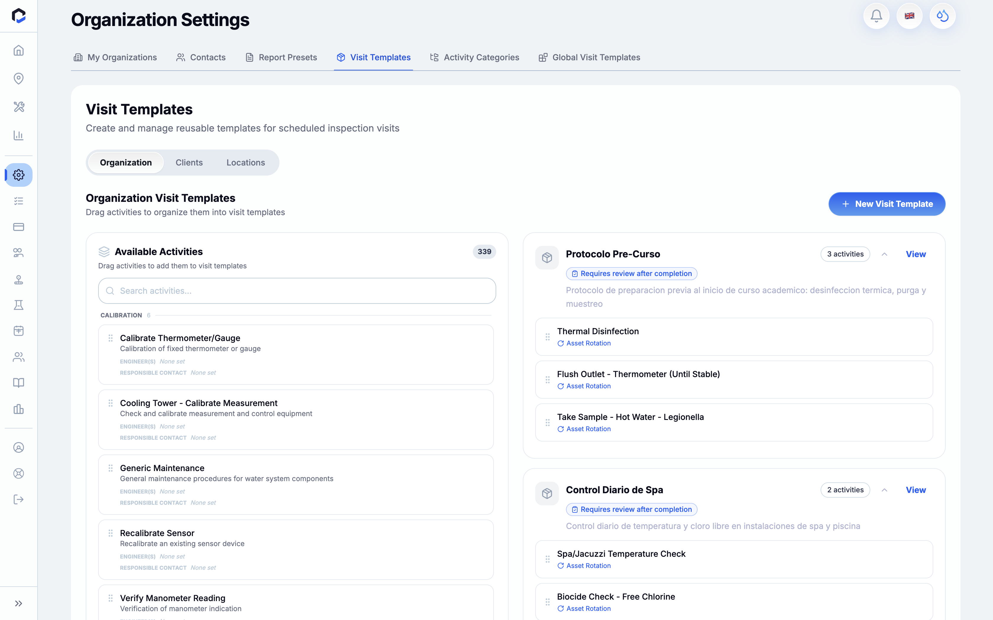 Organization Settings - Visit Templates section for creating and managing reusable inspection visit templates, with a key action to add a new visit template via the "+ New Visit Template" button.