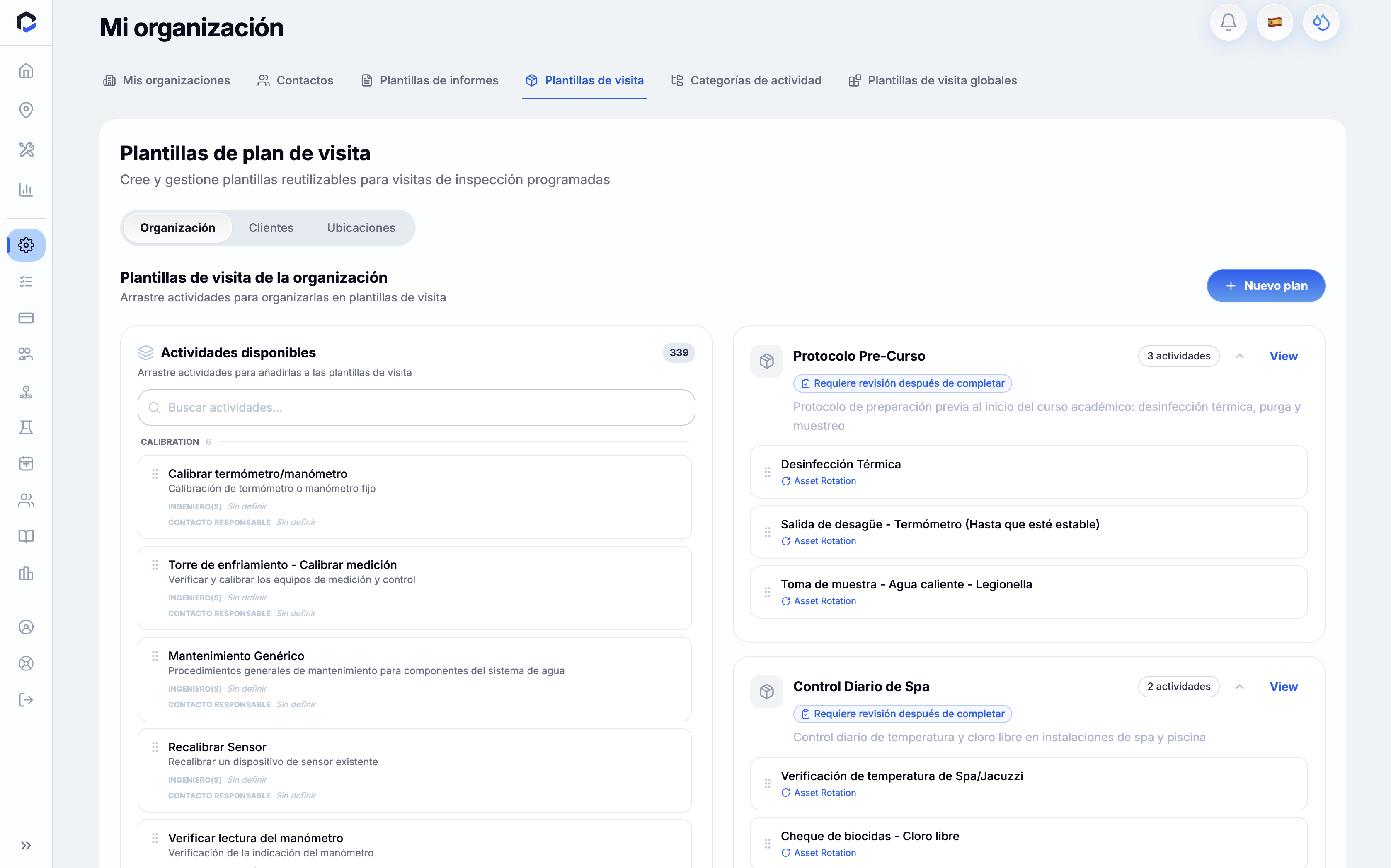 Organization Settings - Visit Templates section for creating and managing reusable inspection visit templates, with a key action to add a new visit template via the "+ New Visit Template" button.