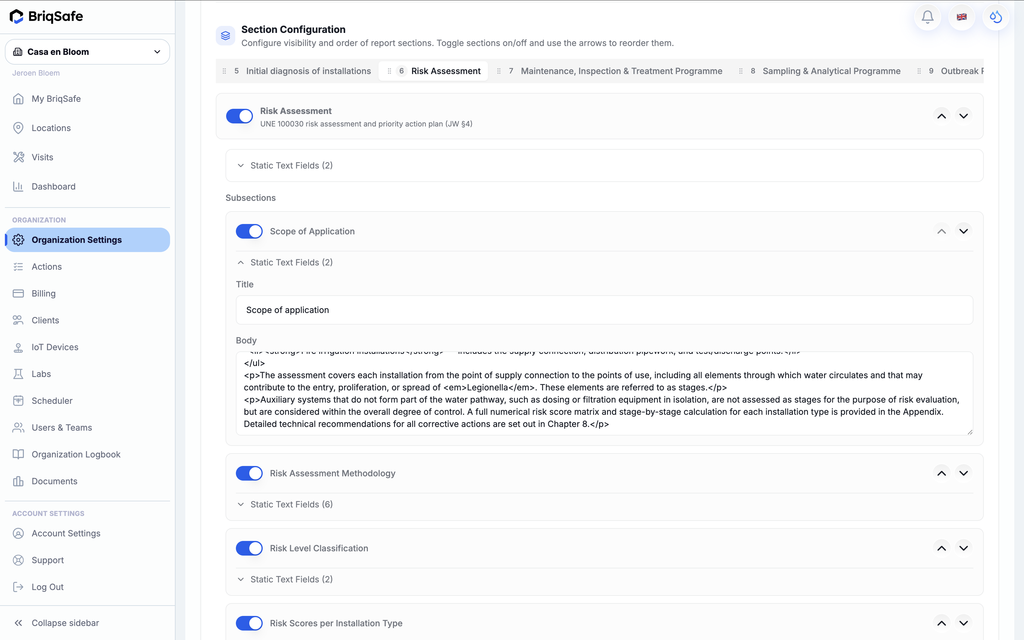 Section Configuration screen in the BriqSafe web app allows configuring visibility, order, and content of report sections, with toggles to enable/disable sections and arrows to reorder them.