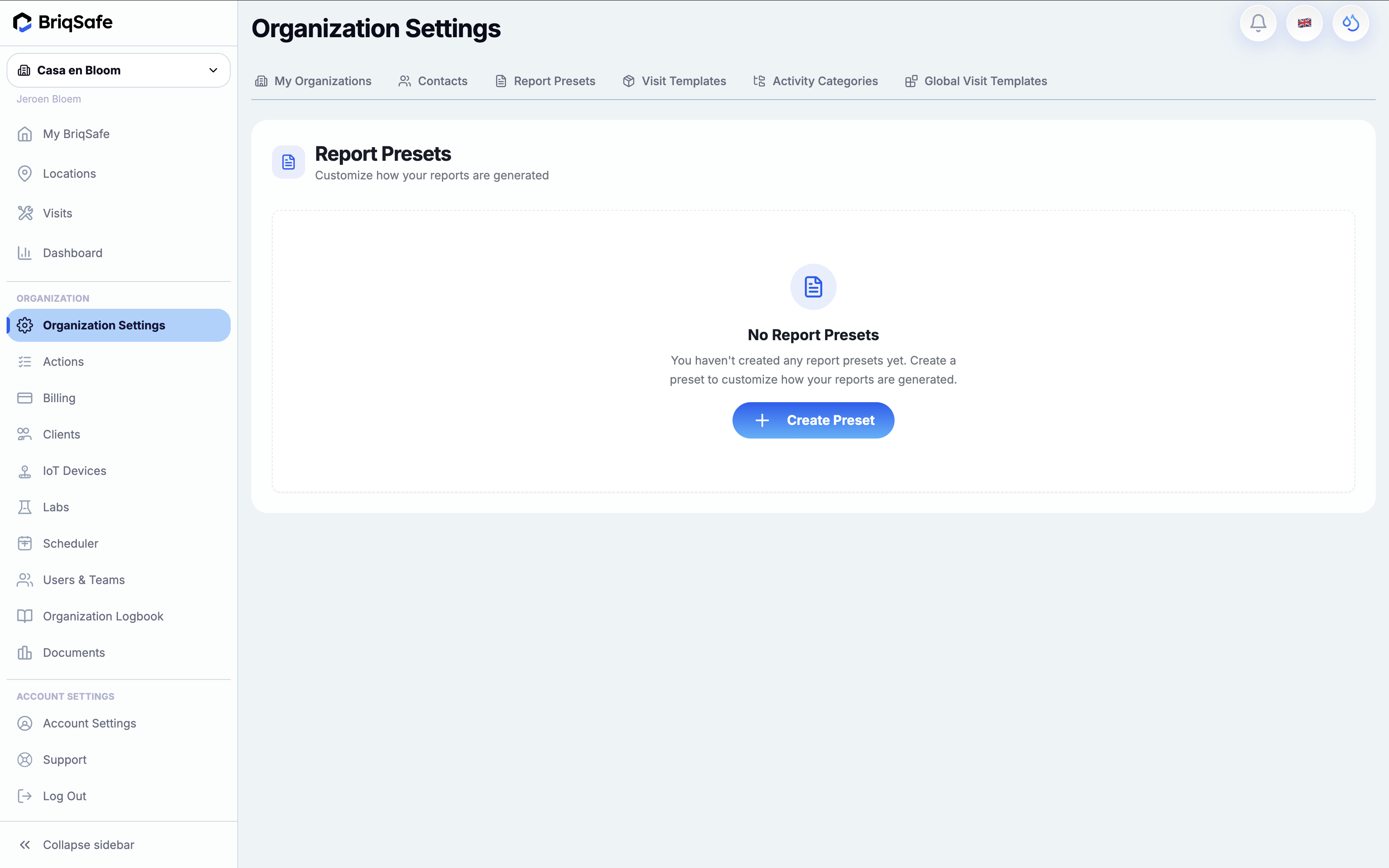 Organization Settings > Report Presets screen enables users to create and customize report generation presets, with a key action button labeled "Create Preset."