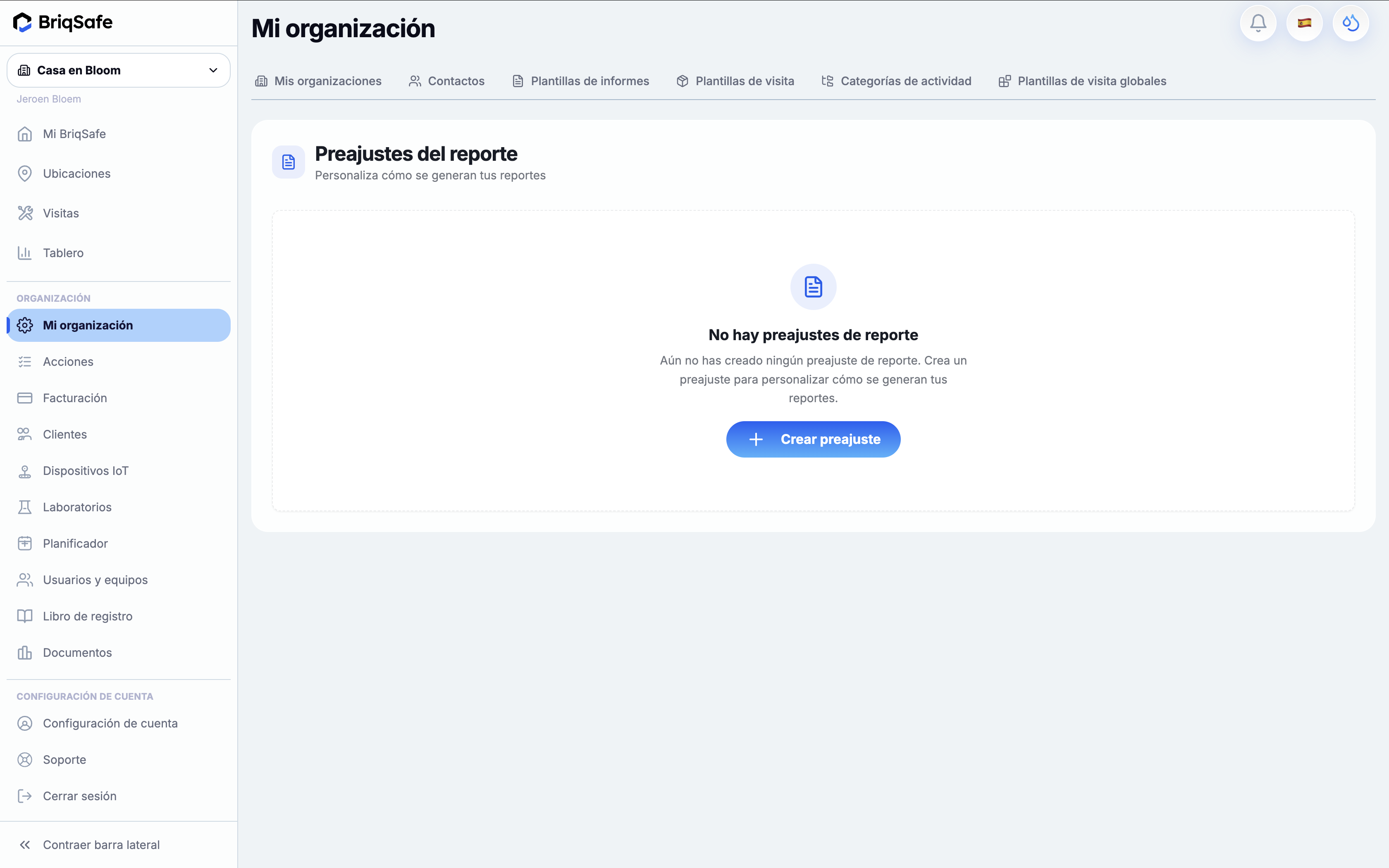 Organization Settings > Report Presets screen enables users to create and customize report generation presets, with a key action button labeled "Create Preset."