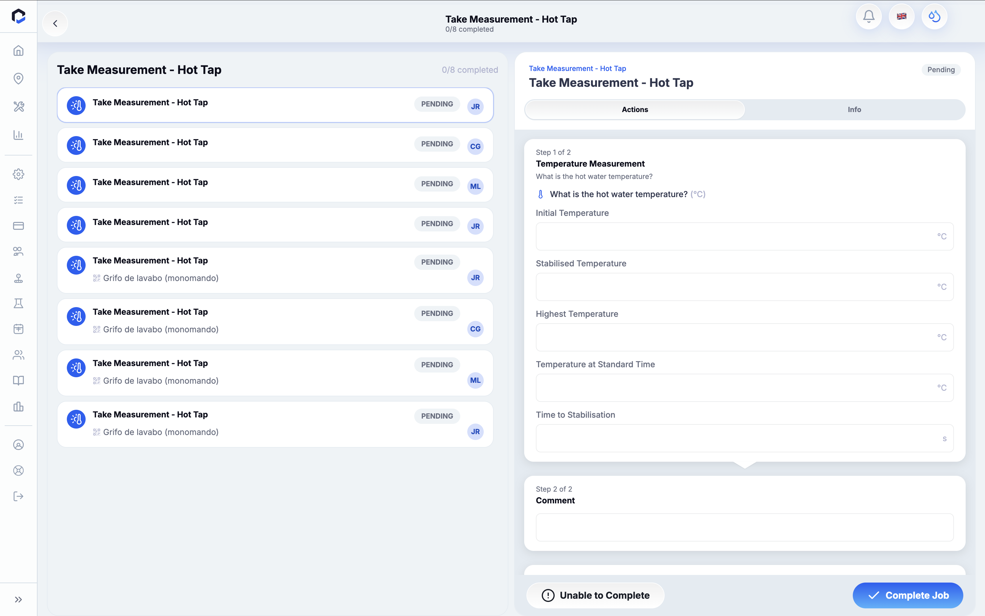 Take Measurement - Hot Tap screen allows users to input detailed hot water temperature data and comments for multiple pending measurement tasks, with an option to complete the job.