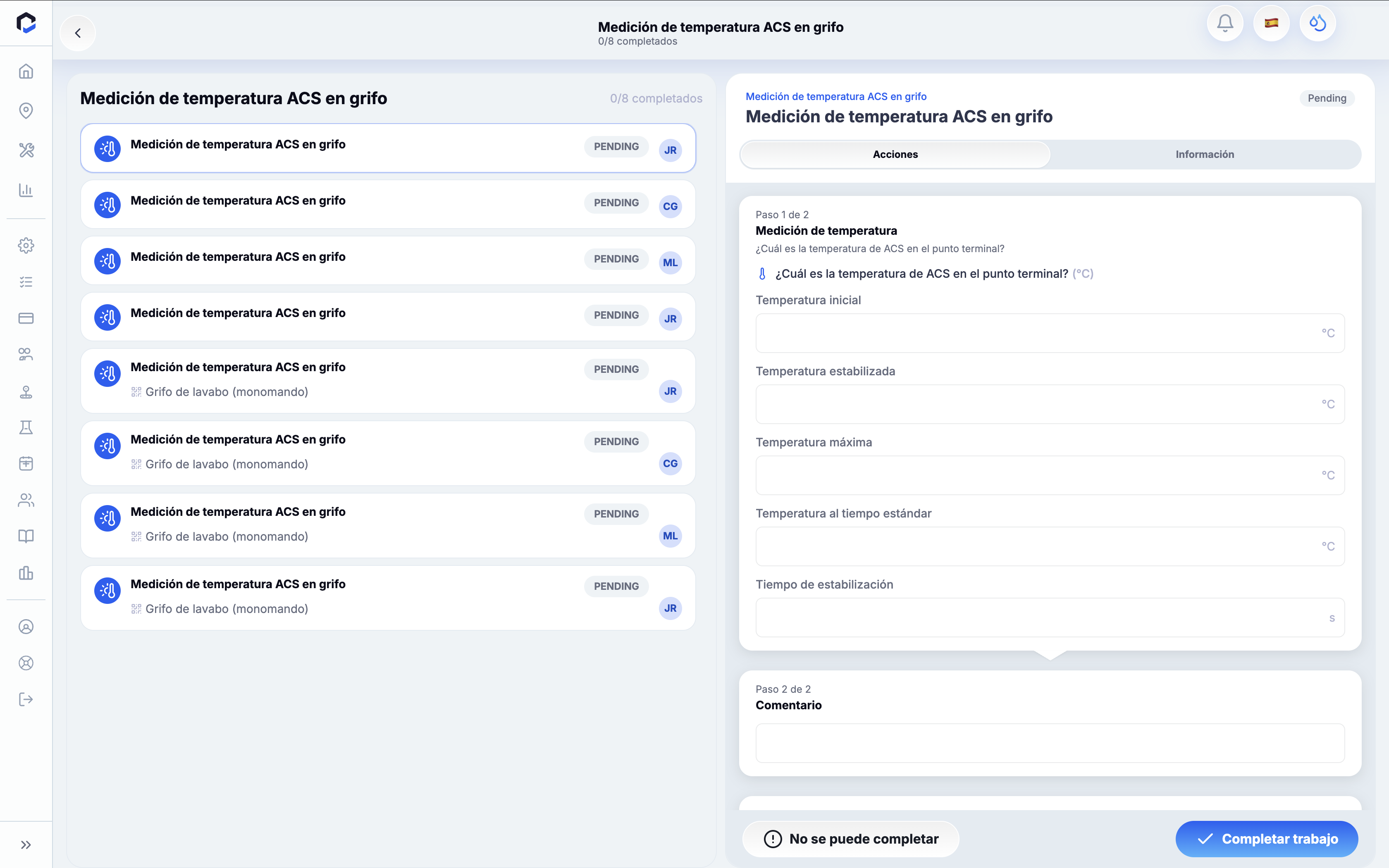 Take Measurement - Hot Tap screen allows users to input detailed hot water temperature data and comments for multiple pending measurement tasks, with an option to complete the job.