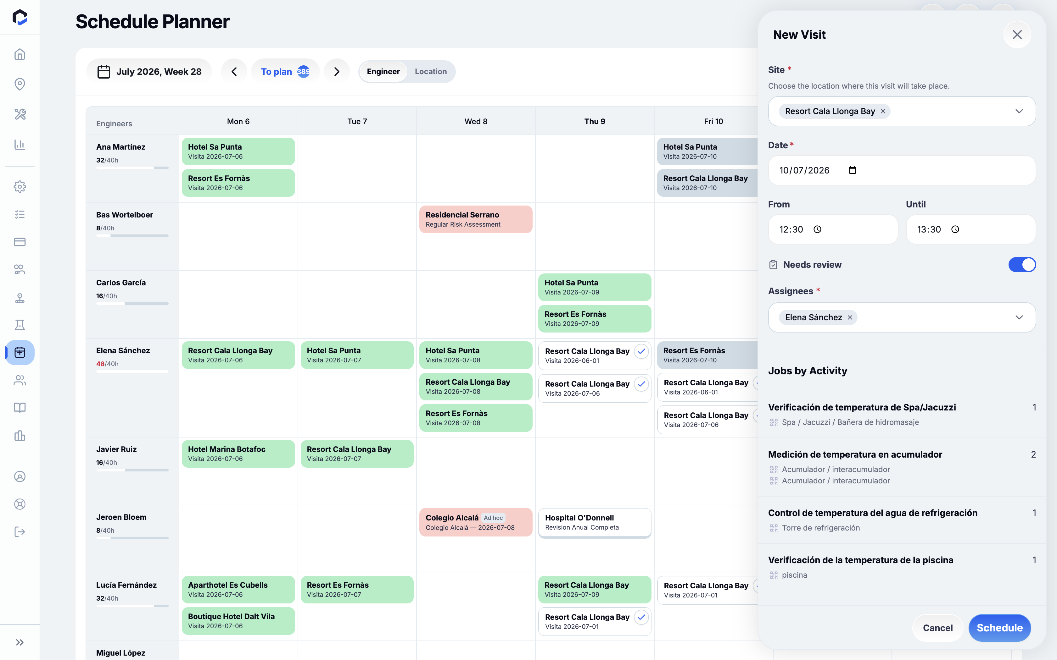 Schedule Planner screen for managing engineer visit schedules with a New Visit form allowing assignment of site, date, time, review status, and activities to an assignee.