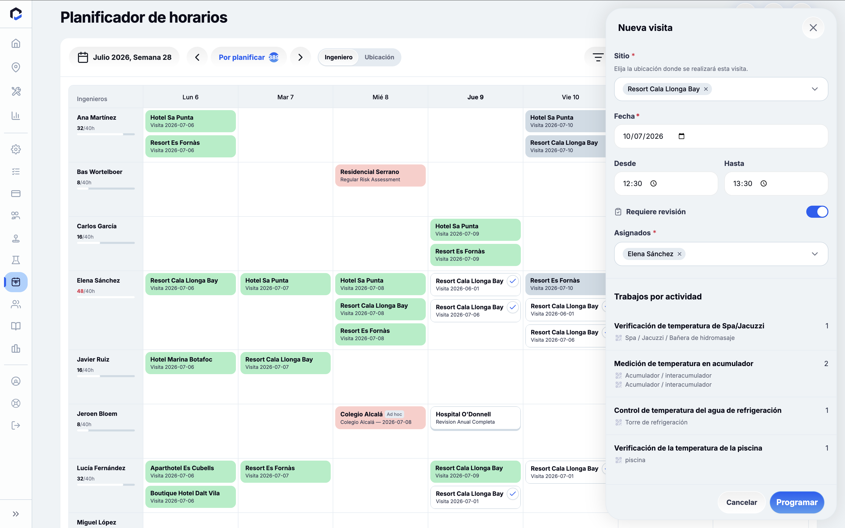Schedule Planner screen for managing engineer visit schedules with a New Visit form allowing assignment of site, date, time, review status, and activities to an assignee.