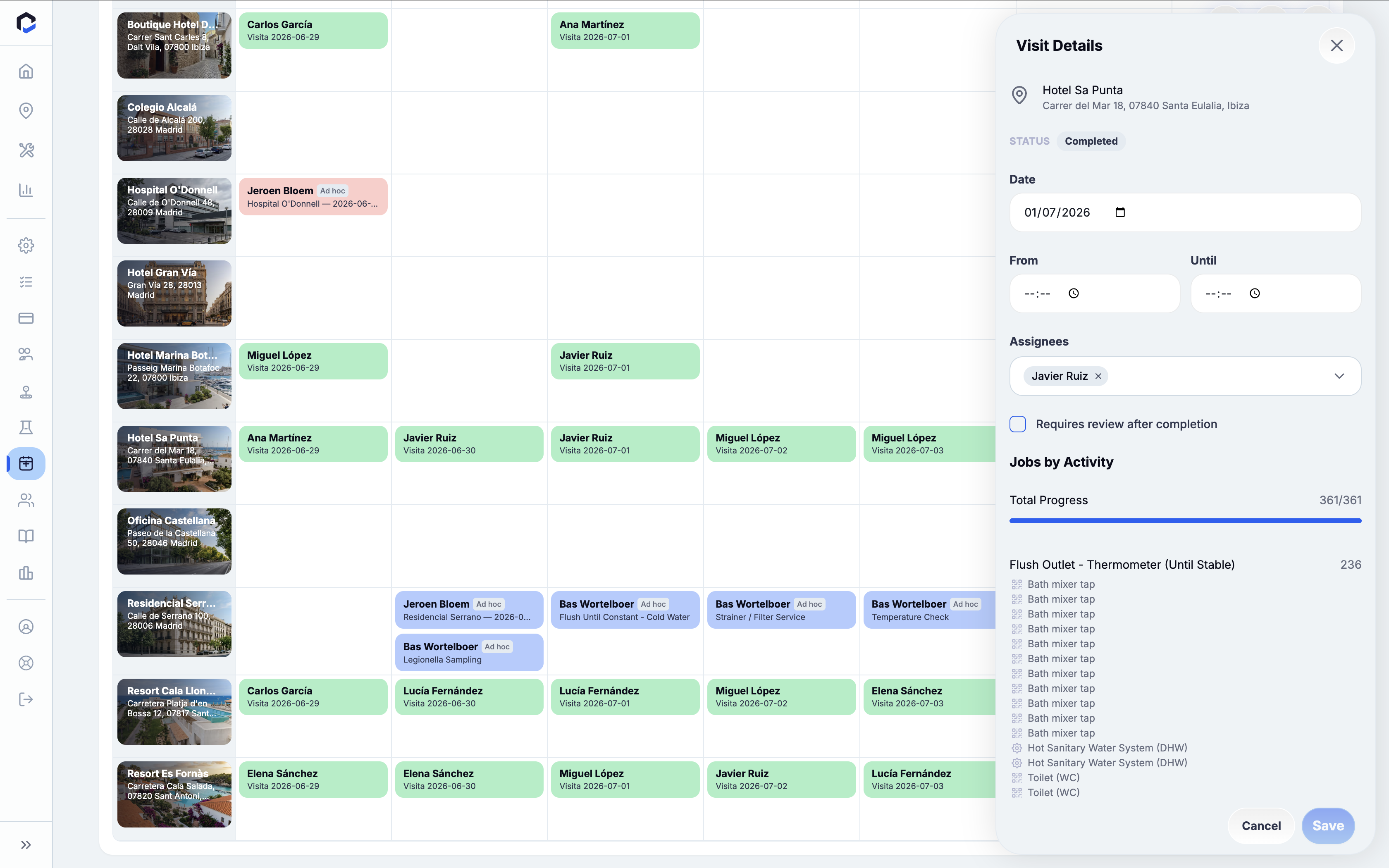Scheduled Visits calendar screen displaying a list of assigned visits by location and date, with an open Visit Details panel allowing users to review and edit visit status, date, assignees, and job progress before saving.