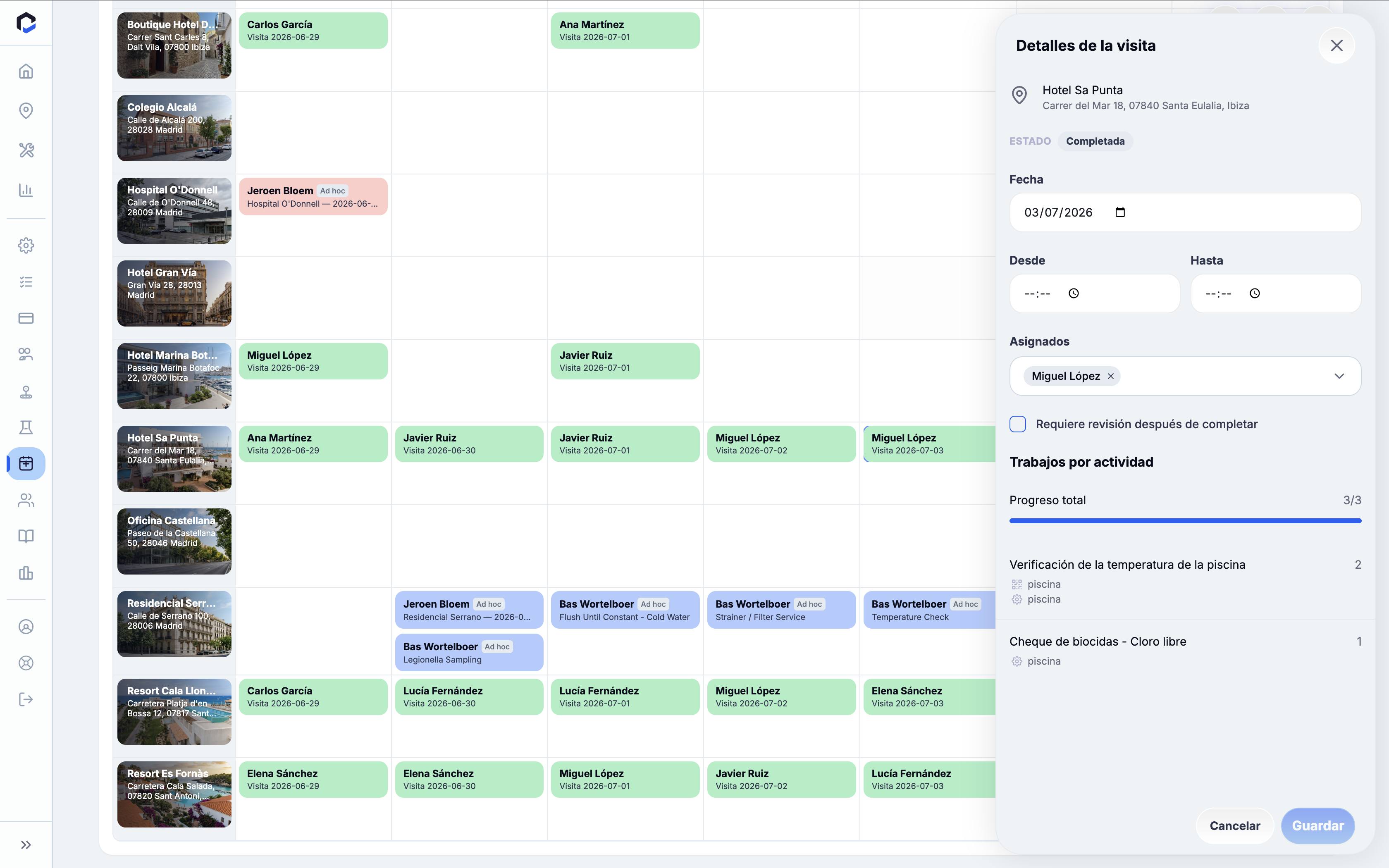 Scheduled Visits calendar screen displaying a list of assigned visits by location and date, with an open Visit Details panel allowing users to review and edit visit status, date, assignees, and job progress before saving.