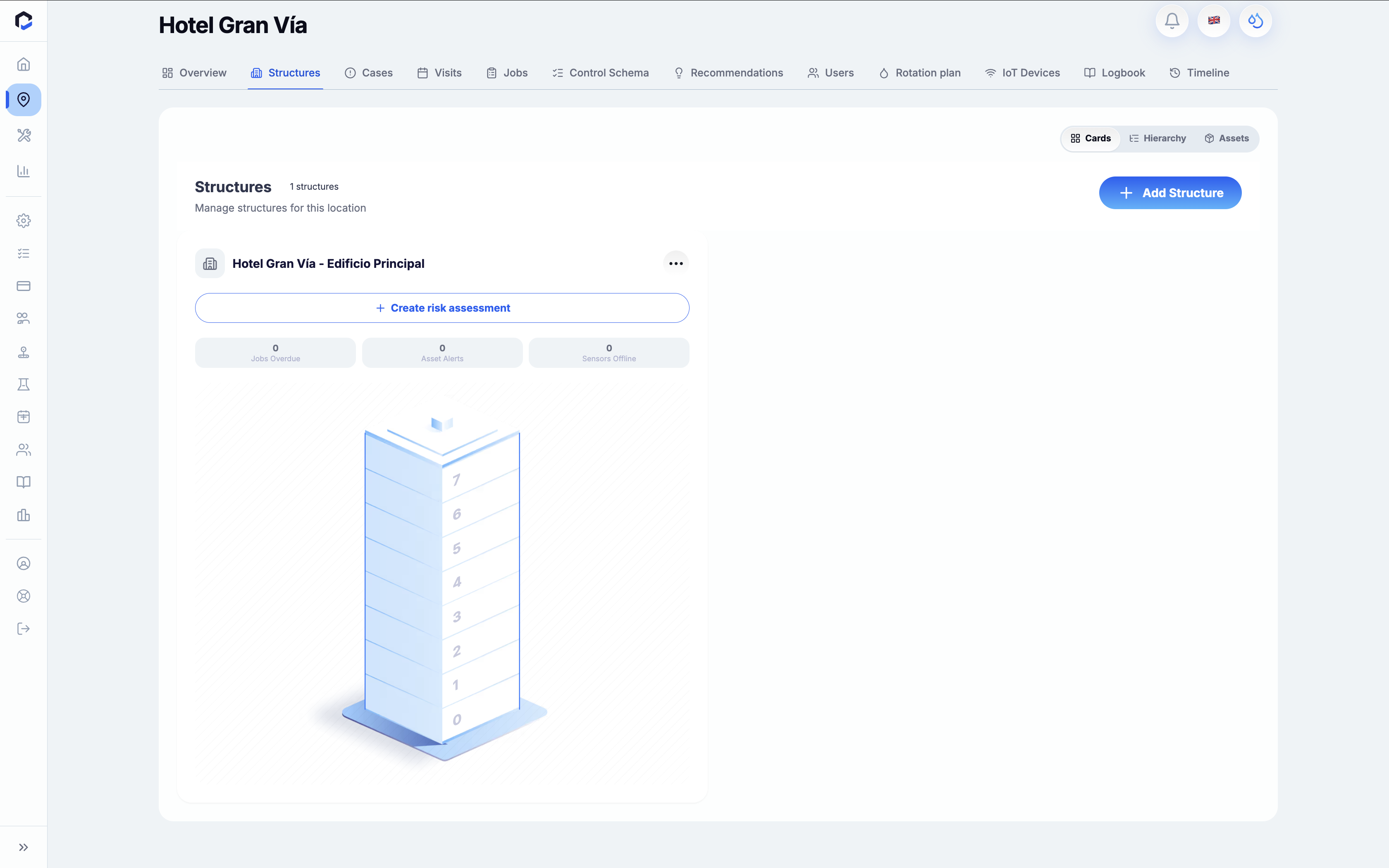Structures screen for Hotel Gran Vía in BriqSafe web-app, displaying building details and allowing the user to add structures or create a risk assessment.