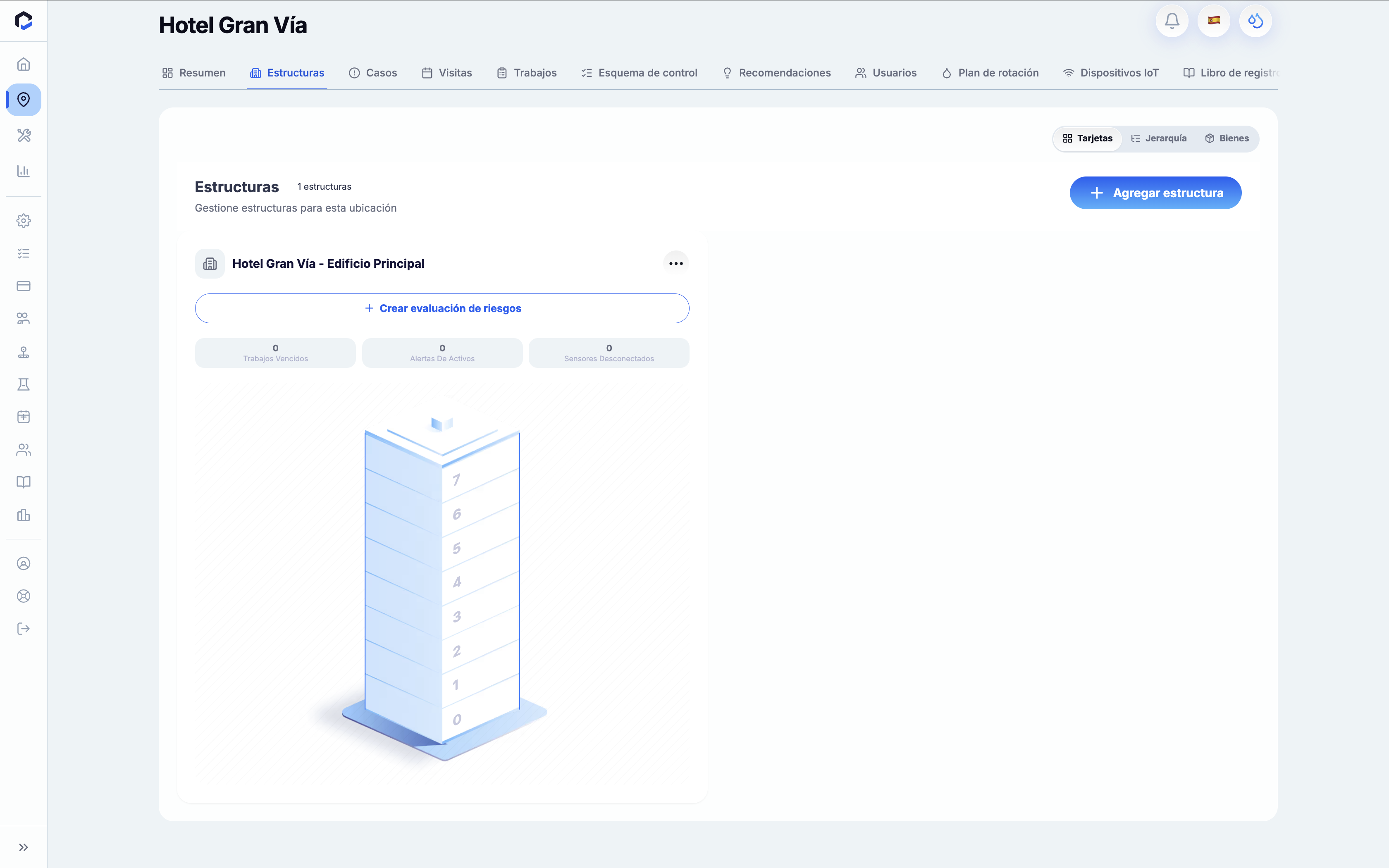 Structures screen for Hotel Gran Vía in BriqSafe web-app, displaying building details and allowing the user to add structures or create a risk assessment.