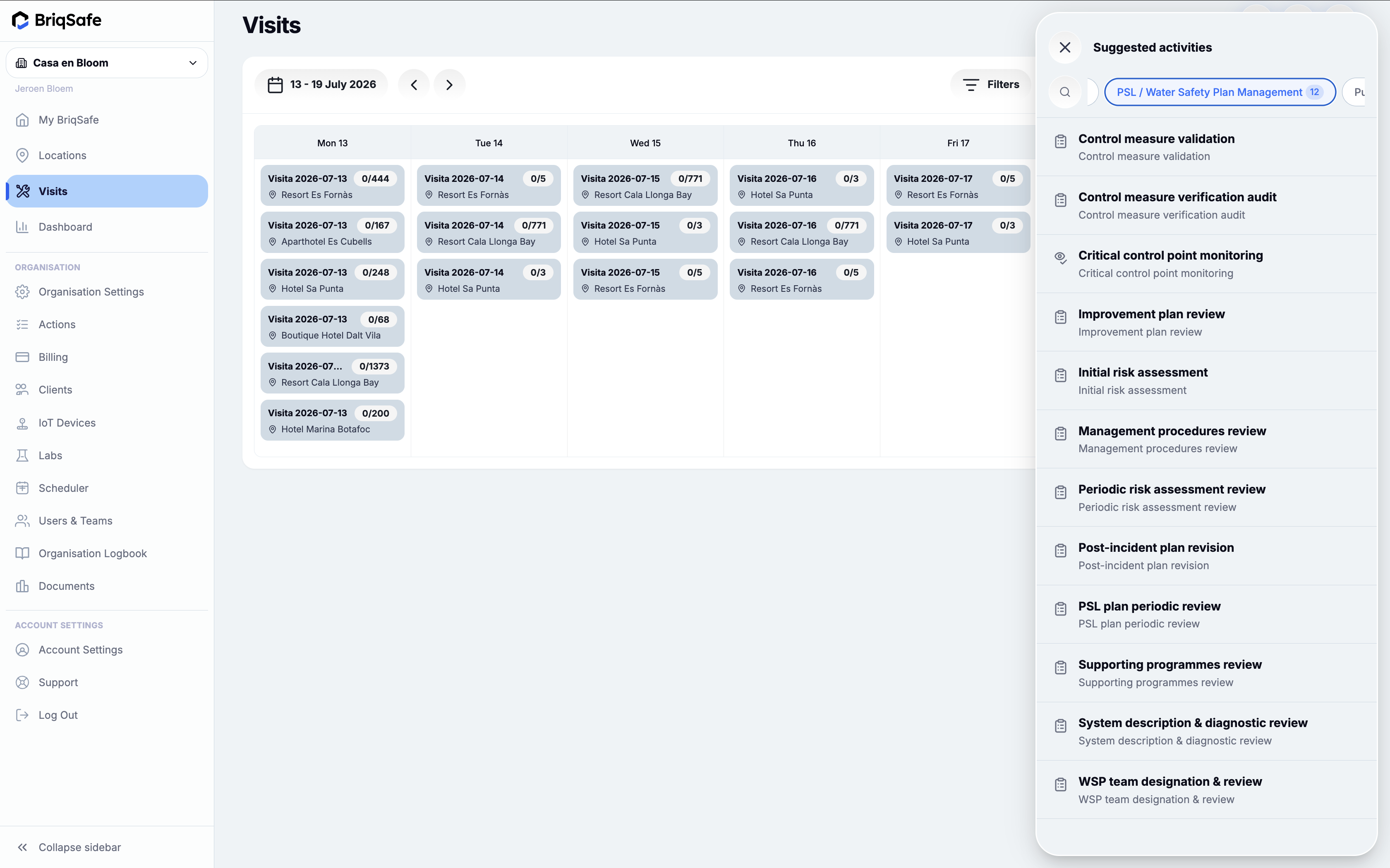 Visits calendar screen displaying scheduled site visits for the week of 13-19 July 2026 with a sidebar for selecting suggested activities related to water safety plan management.