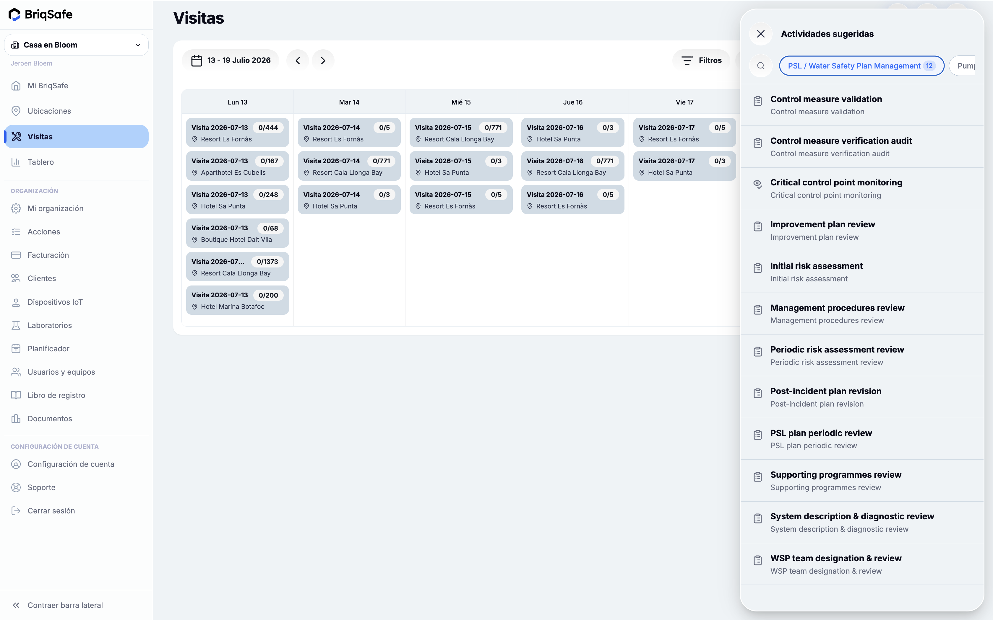 Visits calendar screen displaying scheduled site visits for the week of 13-19 July 2026 with a sidebar for selecting suggested activities related to water safety plan management.