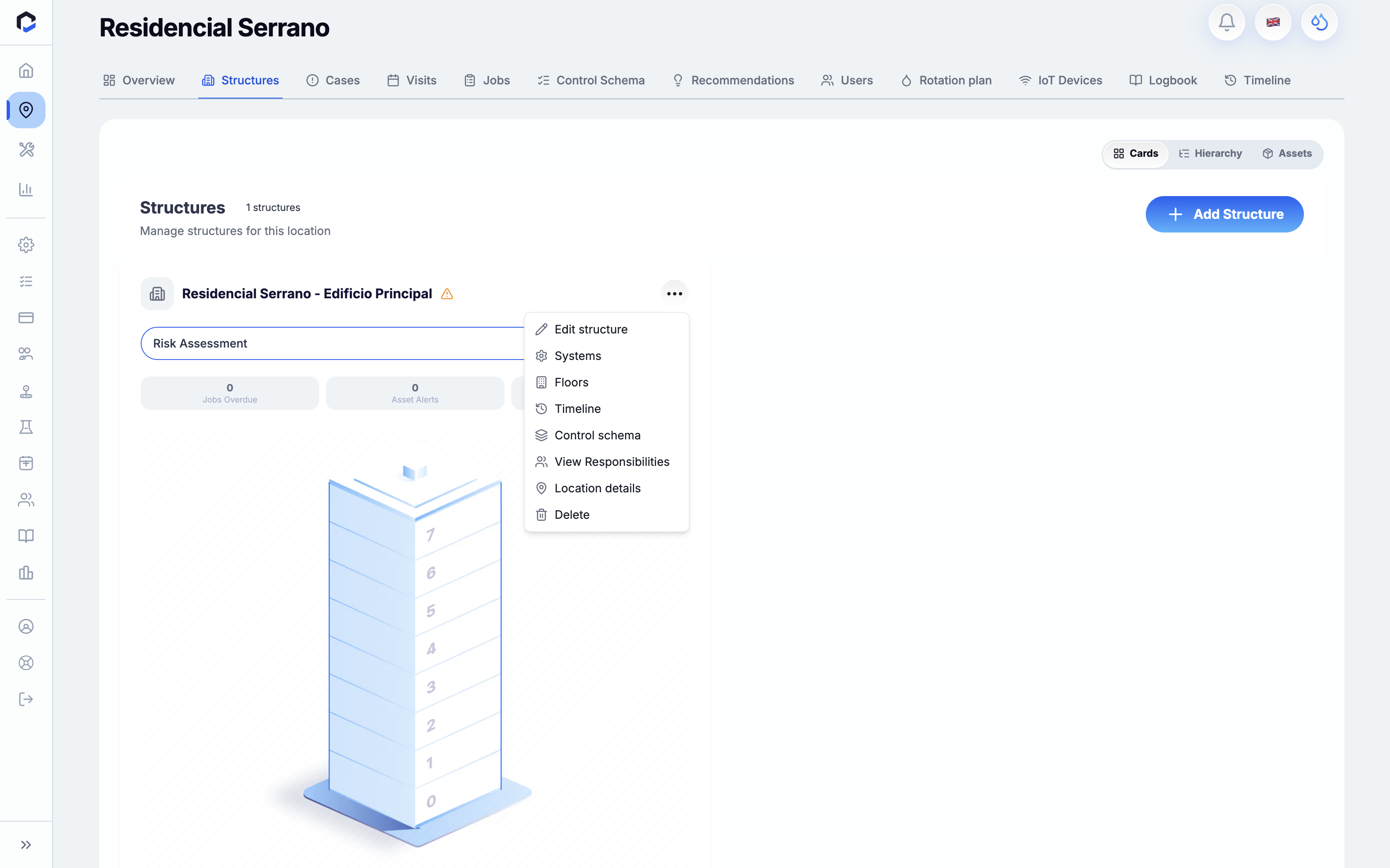 Structures screen in the Residencial Serrano location allows managing building structures, with key actions including adding a new structure and editing or viewing details of existing ones via a dropdown menu.