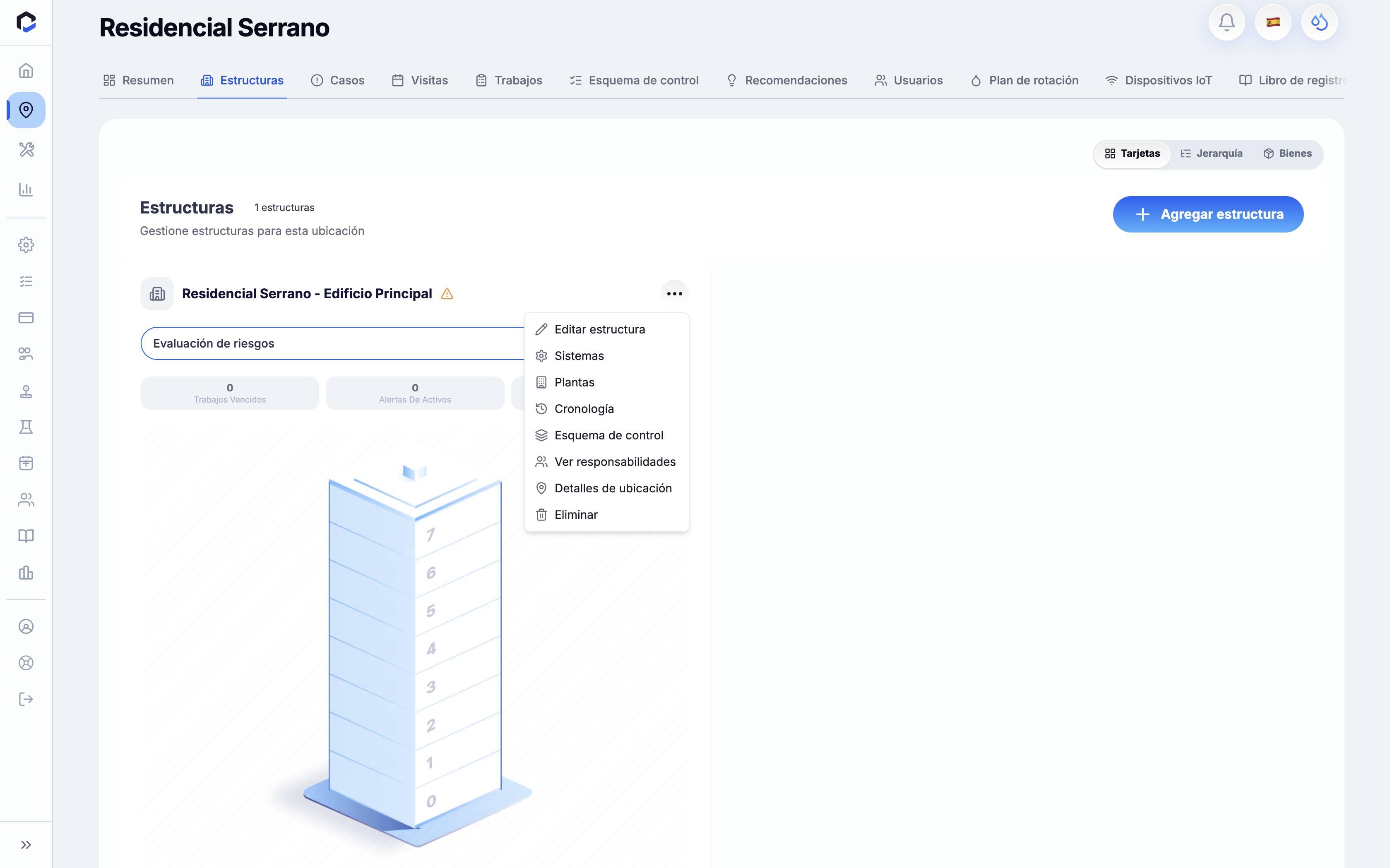 Structures screen in the Residencial Serrano location allows managing building structures, with key actions including adding a new structure and editing or viewing details of existing ones via a dropdown menu.