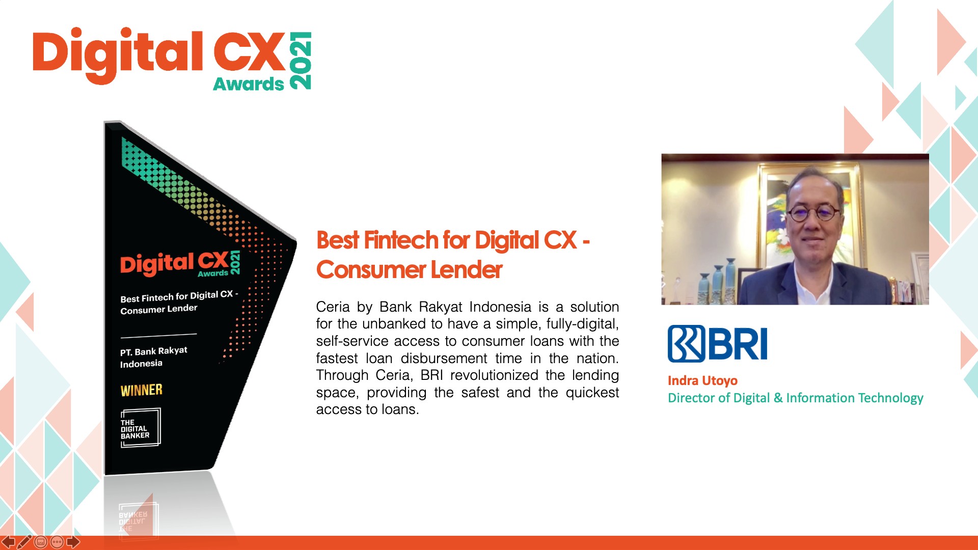  Digital CX Award 2021 untuk Bank BRI sebagai Best Fintech CX untuk  Consumer Lender