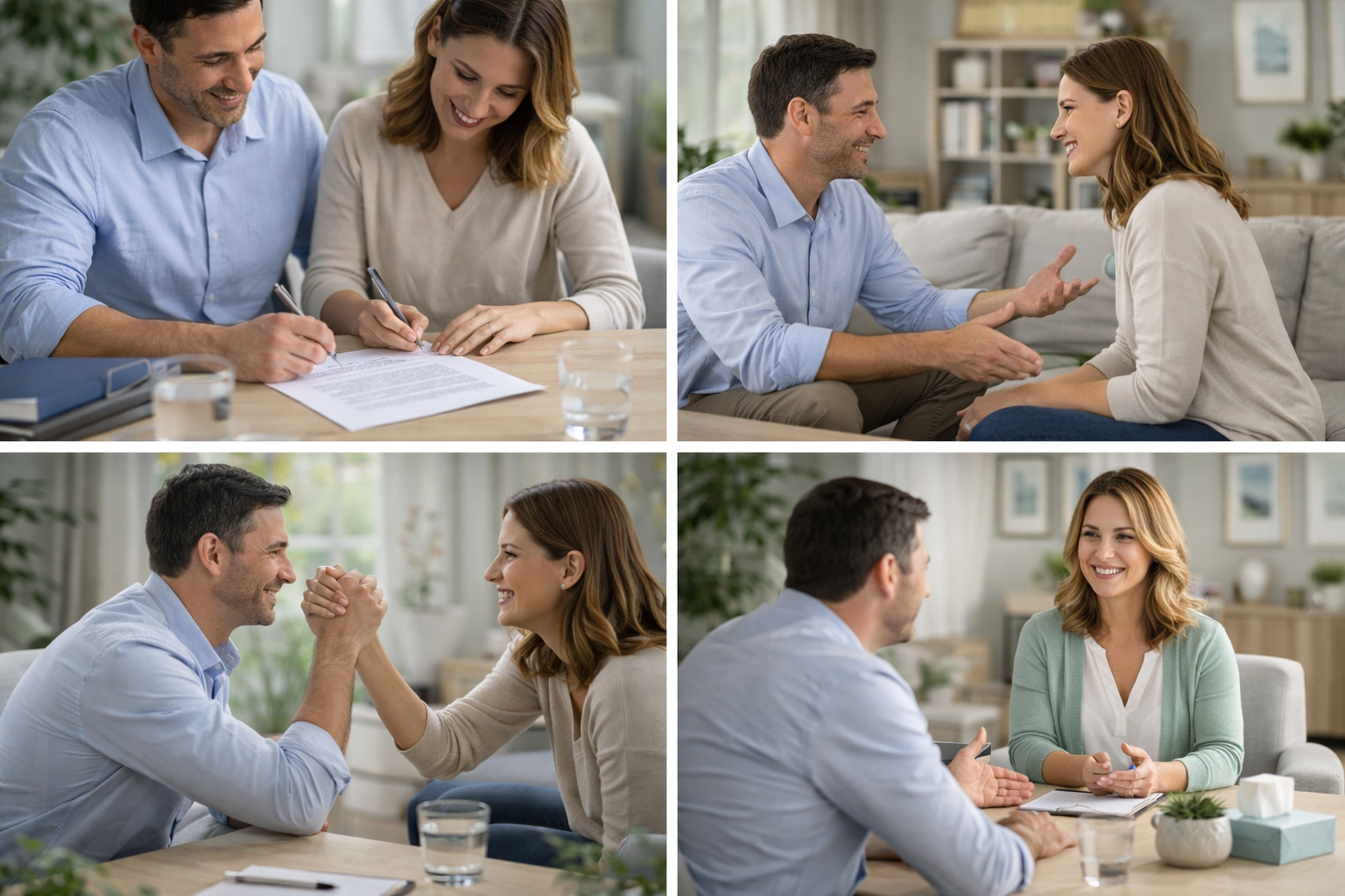 Illustration of two people sitting at a table, having a calm conversation