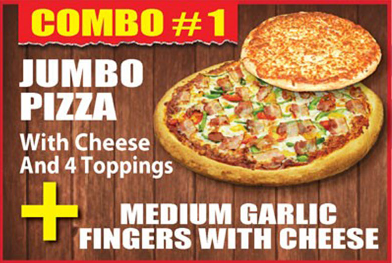 1 jumbo pizza with cheese and four toppings plus a medium garlic fingers