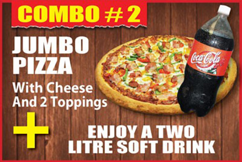 1 jumbo pizza with cheese and two toppings plus a two litre softdrink