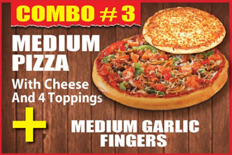 1 medium pizza with cheese and four toppings plus a medium garlic fingers