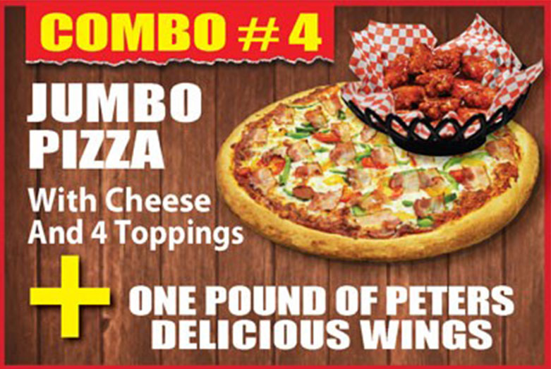 1 jumbo pizza with cheese and four toppings plus one pound of wings