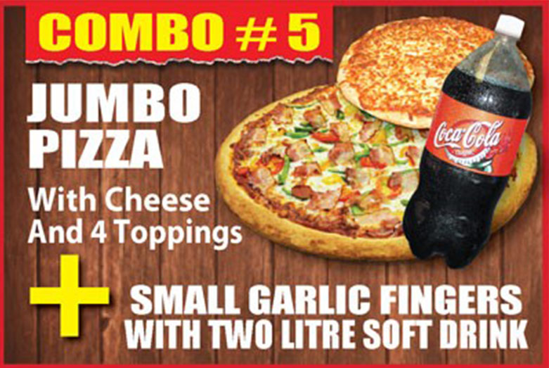 1 jumbo pizza with cheese and four toppings plus a small garlic fingers and 2 litre softdrink