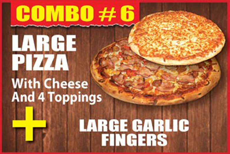 1 large pizza with cheese and four toppings plus a large garlic fingers