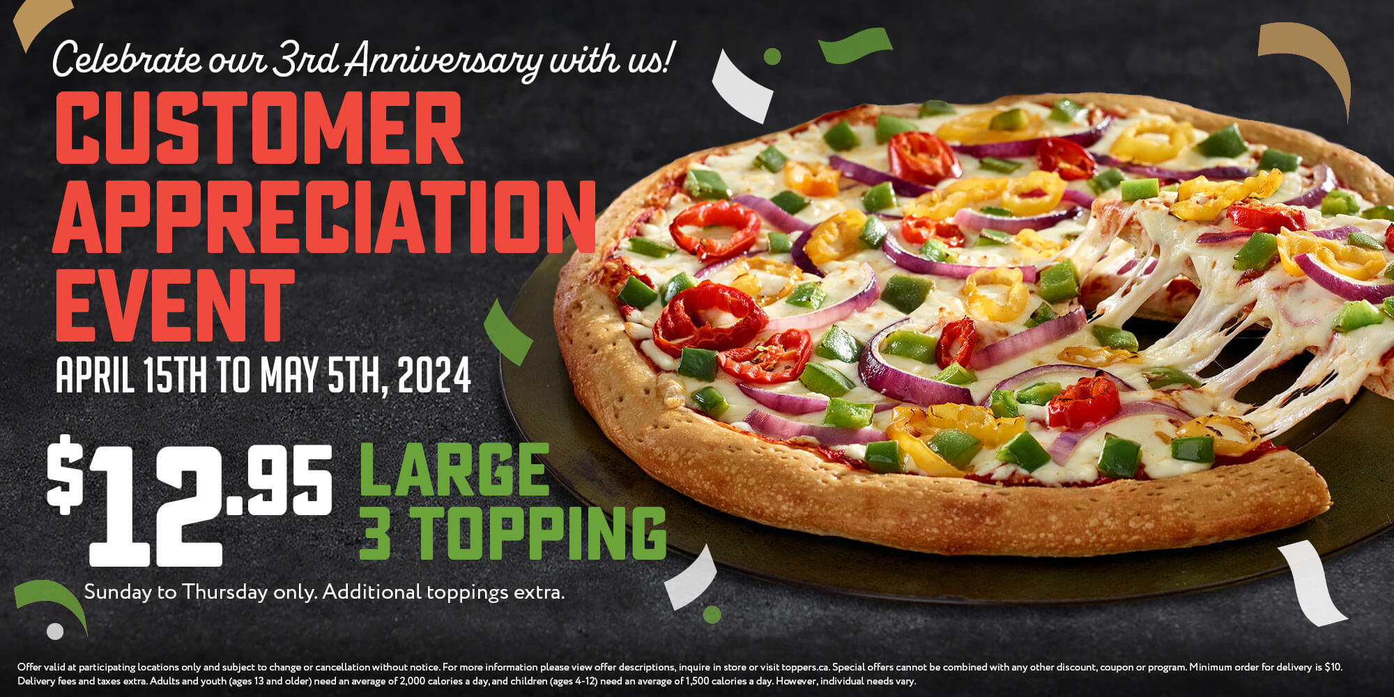 Large 3 topping pizza for $12.95