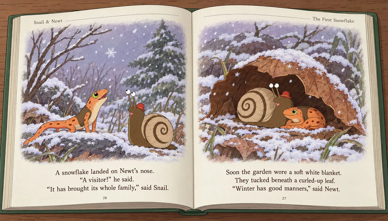 Snail and Newt the First Snowflake