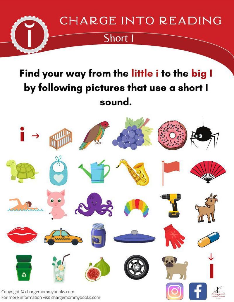 One of the first steps to reading is learning not only what their letters look like, but the sounds they make. This Short I activity encourages children to find only the words that make a Short I vowel sound by saying the name of each picture out loud and then following the path of Short I words to the end.