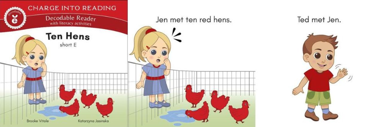 A cover and two sample pages from Ten Hens: A Short E Decodable Reader
