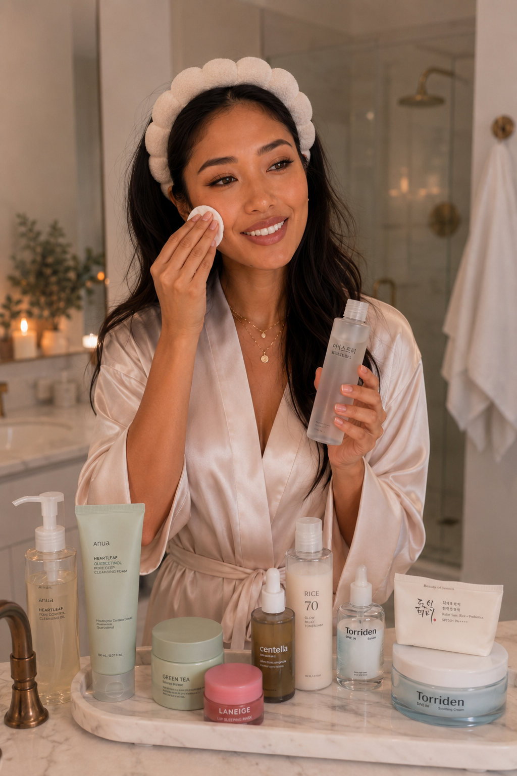 Brooke applying skincare at a vanity