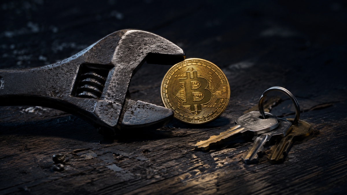 Llave inglesa de acero junto a una moneda de Bitcoin y llaves de casa sobre madera oscura, imagen del ataque de llave inglesa.