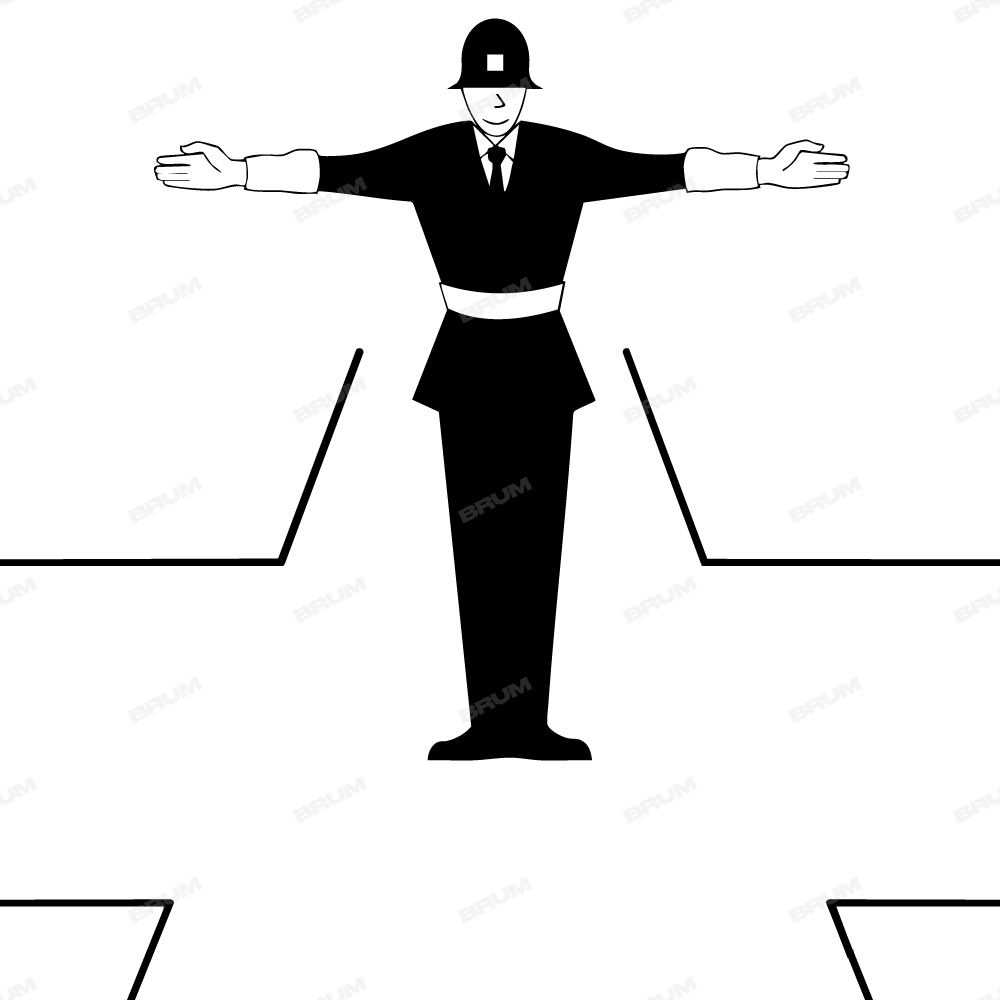 Vigile a braccia aperte perpendicolarmente alla direzione di marcia (fig. 383)