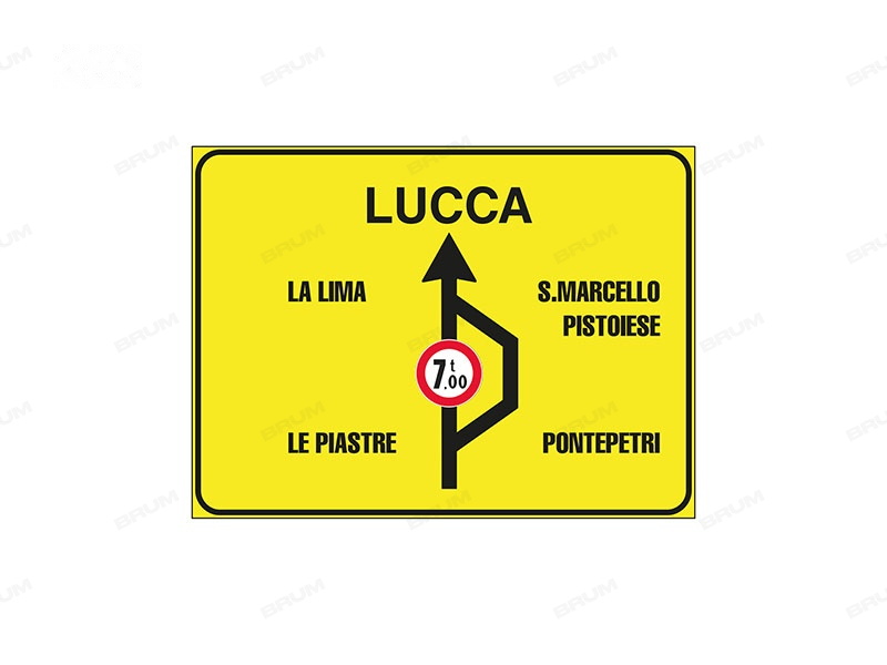 Il segnale raffigurato indica ai veicoli di massa effettiva superiore a 7 tonnellate diretti a Lucca di cambiare strada