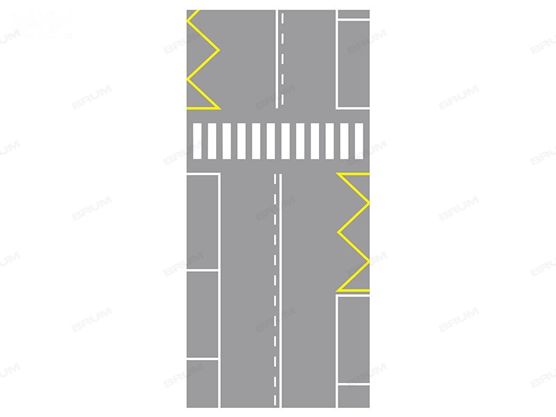 Un attraversamento pedonale può essere preceduto sulla destra da una striscia gialla a zig zag, come nella figura seguente (545)