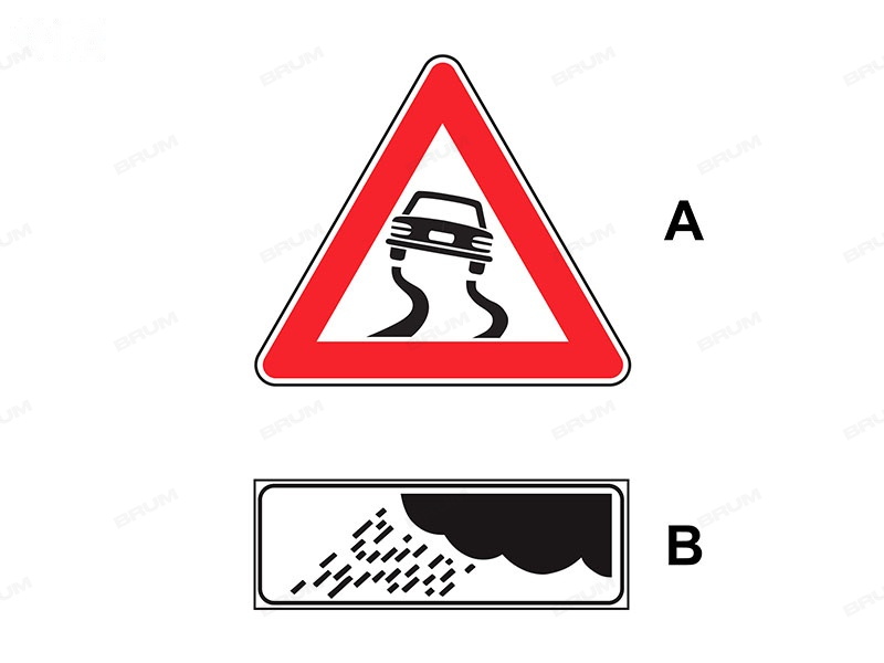 Il segnale (A), abbinato con il pannello (B), preannuncia una strada con superficie particolarmente sdrucciolevole in caso di pioggia  (918)