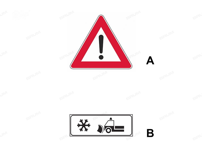 Il segnale (A), integrato con il pannello (B), preannuncia la possibile presenza di macchine sgombraneve al lavoro sulla strada  (921)