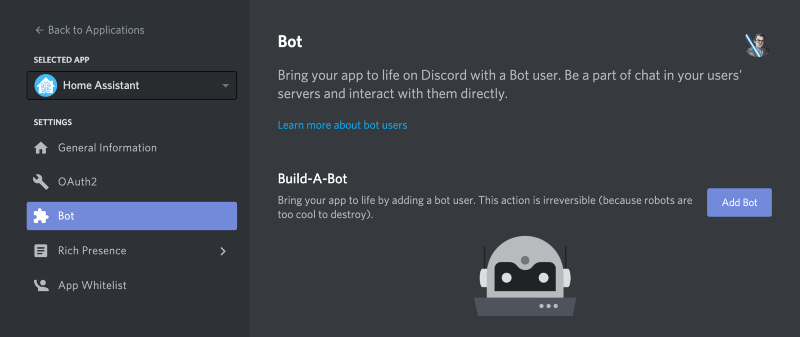 Click the left “Bot” menu, then click the “Add bot” button