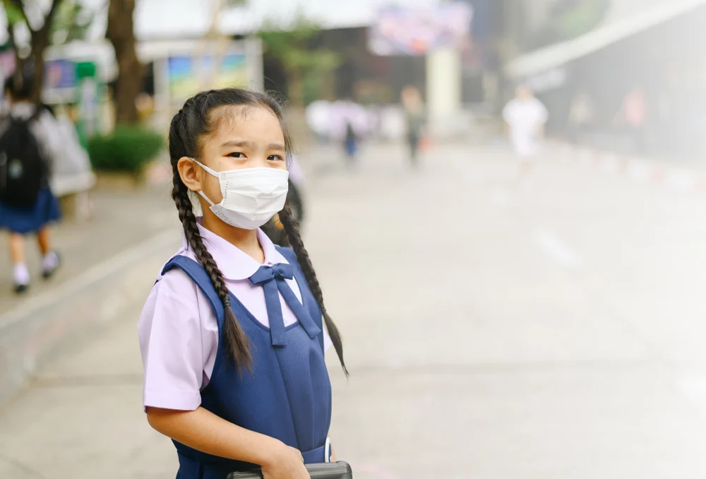 School child wearing pollution mask