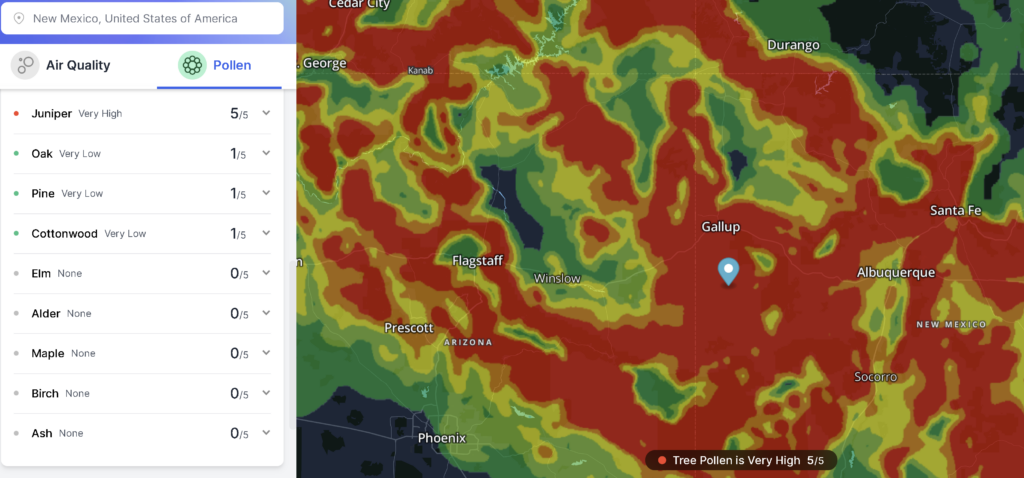 Pollen heatmap Arizona New Mexico
