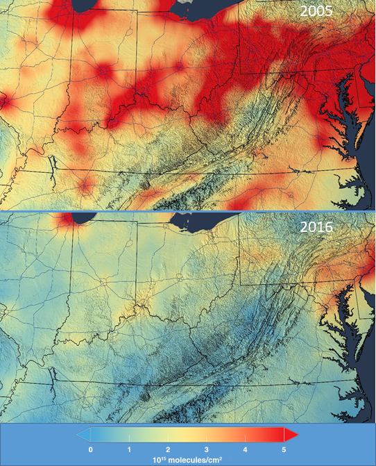 annual mean NO2 Ohio River Valley 2005 & 2016