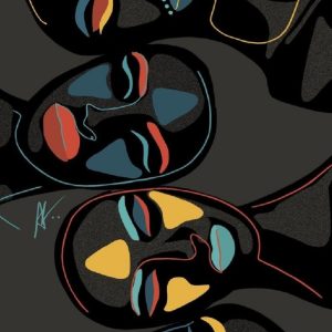 This artwork exudes a sense of mystery and sophistication. The stark contrast of the black background against the figures in glasses creates a striking visual impact, drawing the viewer into a world of intrigue and style. The glasses add an element of intellect and intrigue to the composition, making the duo appear enigmatic and intriguing.