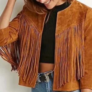 Brown Vegan Suede Fringe Jacket with Trim Sleeves & Style