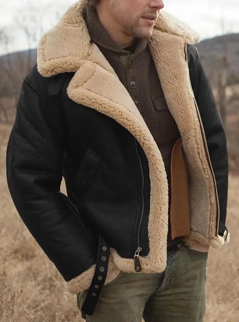 B3 RAF Black Men's Shearling Bomber Leather Jacket - Image 2